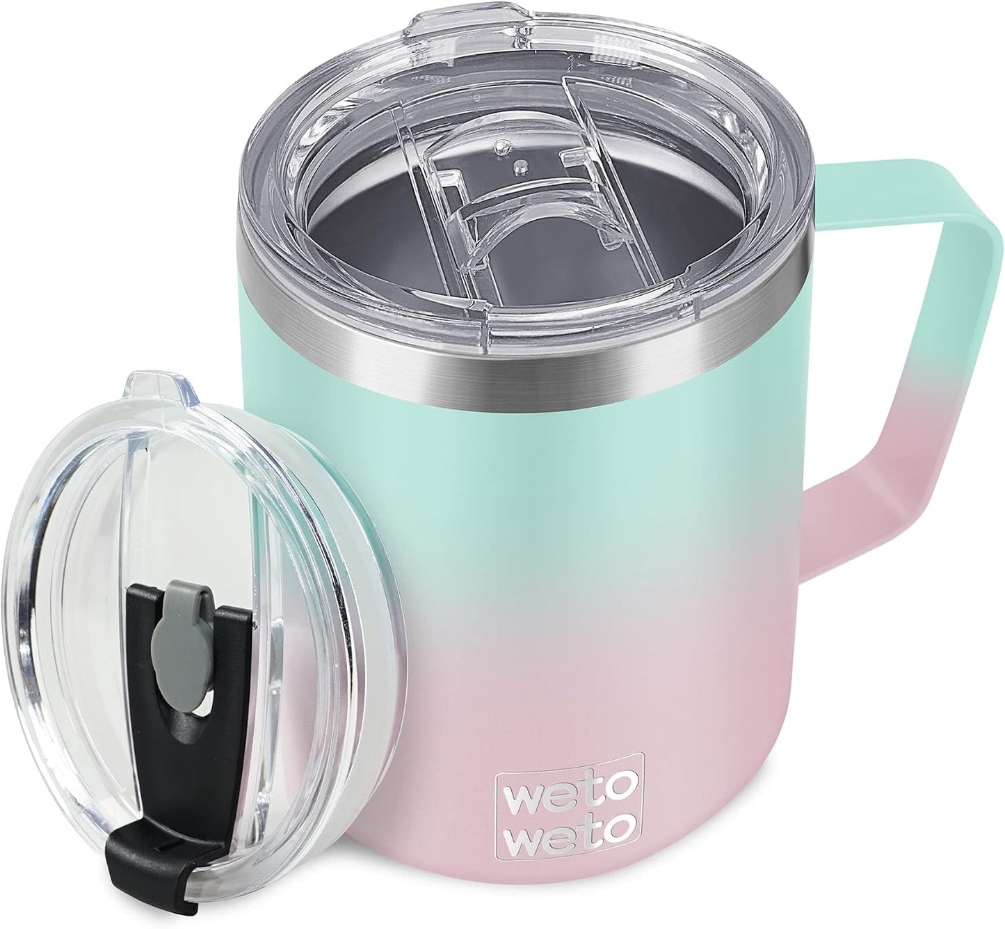 Coffee Mug with Handle, 14oz Insulated Stainless Steel Coffee Travel Mug, Double Wall Vacuum Reusable Coffee Cup with Lid, Powder Coated Rose Gold