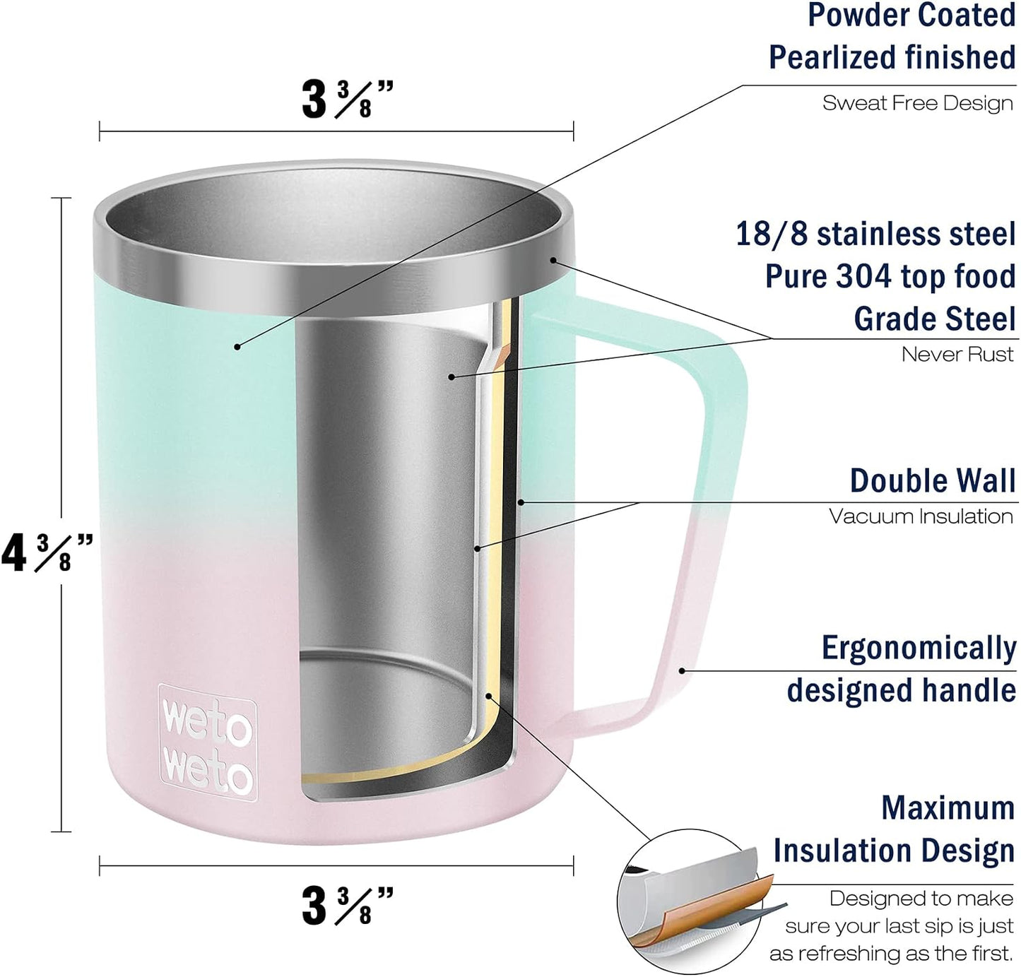 Coffee Mug with Handle, 14oz Insulated Stainless Steel Coffee Travel Mug, Double Wall Vacuum Reusable Coffee Cup with Lid, Powder Coated Rose Gold