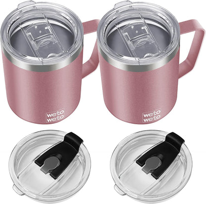 Coffee Mug with Handle, 14oz Insulated Stainless Steel Coffee Travel Mug, Double Wall Vacuum Reusable Coffee Cup with Lid, Powder Coated Rose Gold