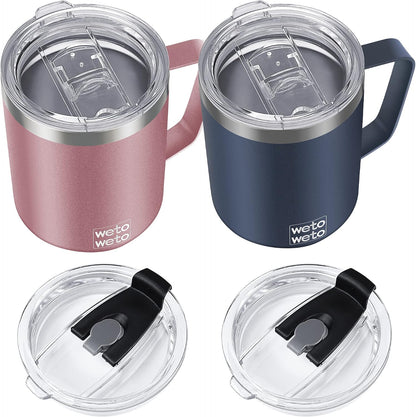 Coffee Mug with Handle, 14oz Insulated Stainless Steel Coffee Travel Mug, Double Wall Vacuum Reusable Coffee Cup with Lid, Powder Coated Rose Gold
