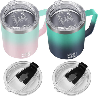 Coffee Mug with Handle, 14oz Insulated Stainless Steel Coffee Travel Mug, Double Wall Vacuum Reusable Coffee Cup with Lid, Powder Coated Rose Gold
