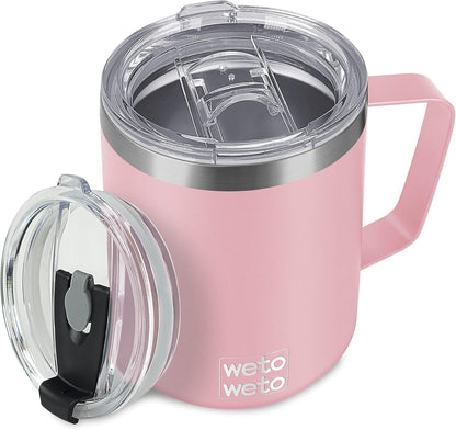 Coffee Mug with Handle, 14oz Insulated Stainless Steel Coffee Travel Mug, Double Wall Vacuum Reusable Coffee Cup with Lid, Powder Coated Rose Gold