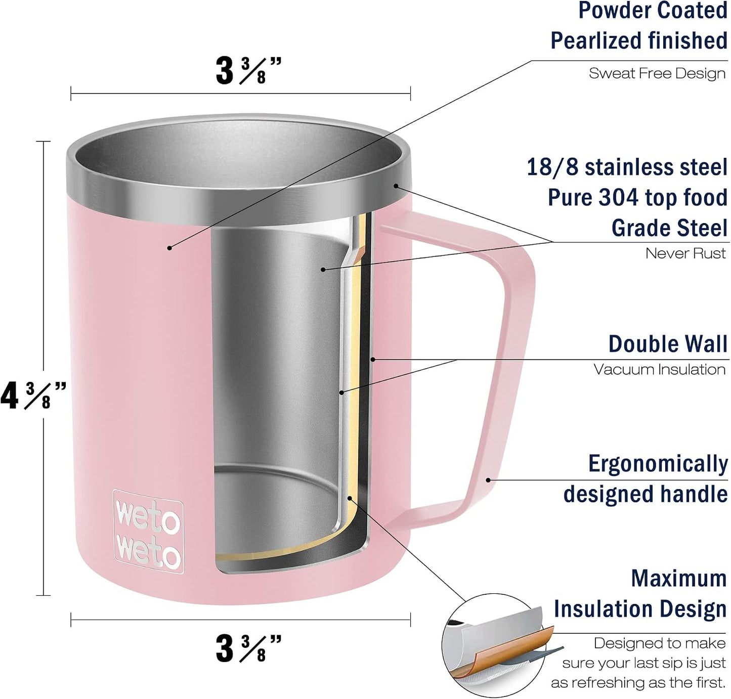 Coffee Mug with Handle, 14oz Insulated Stainless Steel Coffee Travel Mug, Double Wall Vacuum Reusable Coffee Cup with Lid, Powder Coated Rose Gold