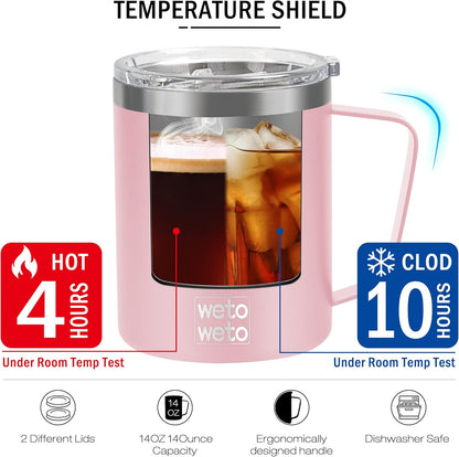 Coffee Mug with Handle, 14oz Insulated Stainless Steel Coffee Travel Mug, Double Wall Vacuum Reusable Coffee Cup with Lid, Powder Coated Rose Gold