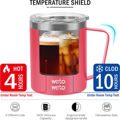 Coffee Mug with Handle, 14oz Insulated Stainless Steel Coffee Travel Mug, Double Wall Vacuum Reusable Coffee Cup with Lid, Powder Coated Rose Gold