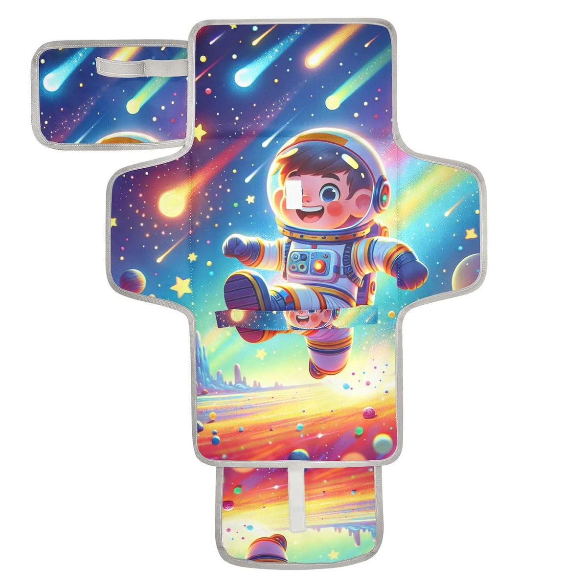 Universe Cute Astronaut Portable Diaper Changing Pad - Waterproof Travel Mat with Head Cushion, Diaper & Wipes Pockets, Foldable Baby Changing Mat for On-The-Go Parents