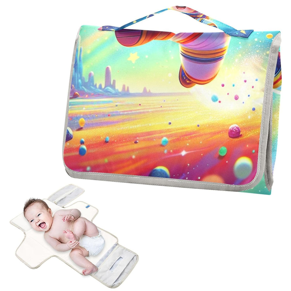 Universe Cute Astronaut Portable Diaper Changing Pad - Waterproof Travel Mat with Head Cushion, Diaper & Wipes Pockets, Foldable Baby Changing Mat for On-The-Go Parents