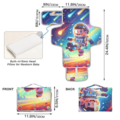 Universe Cute Astronaut Portable Diaper Changing Pad - Waterproof Travel Mat with Head Cushion, Diaper & Wipes Pockets, Foldable Baby Changing Mat for On-The-Go Parents