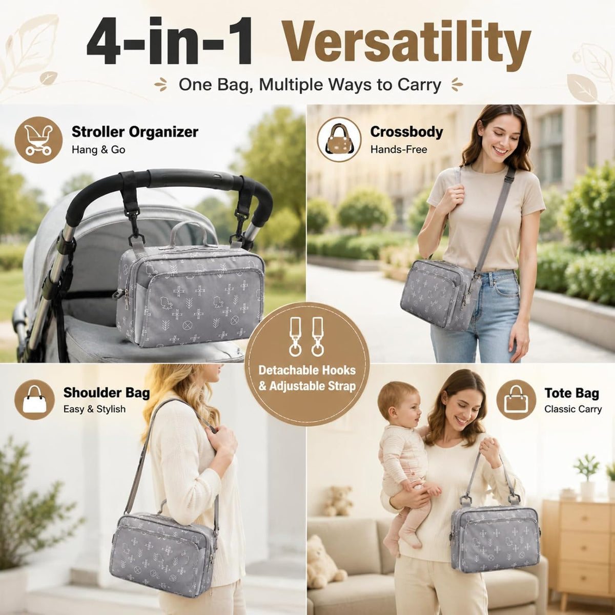 Small Diaper Bag with Wipes Pocket, Mini Cute Stroller Organizer Crossbody Nappy Bags with Adjustable Strap, Tote Diaper Bag for Baby Boy, Girl, Outdoor, Short Trip, Gray