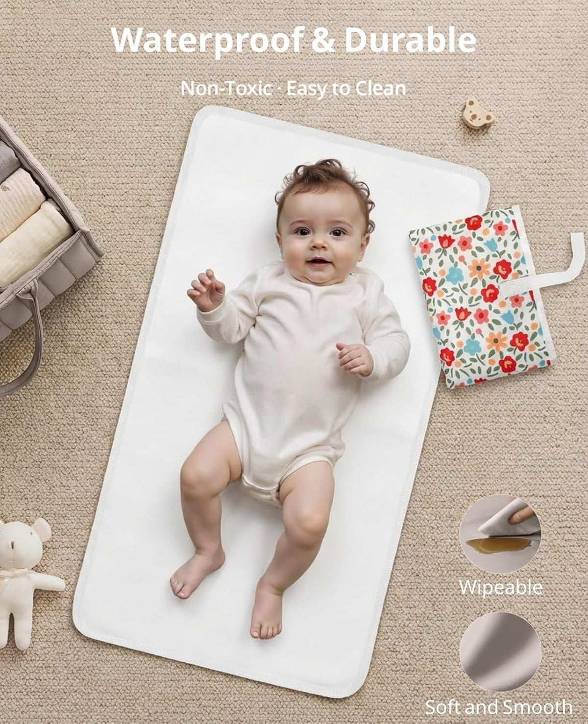 Portable Diaper Changing Pad, Waterproof Baby Changing Mat with Wrist Strap
