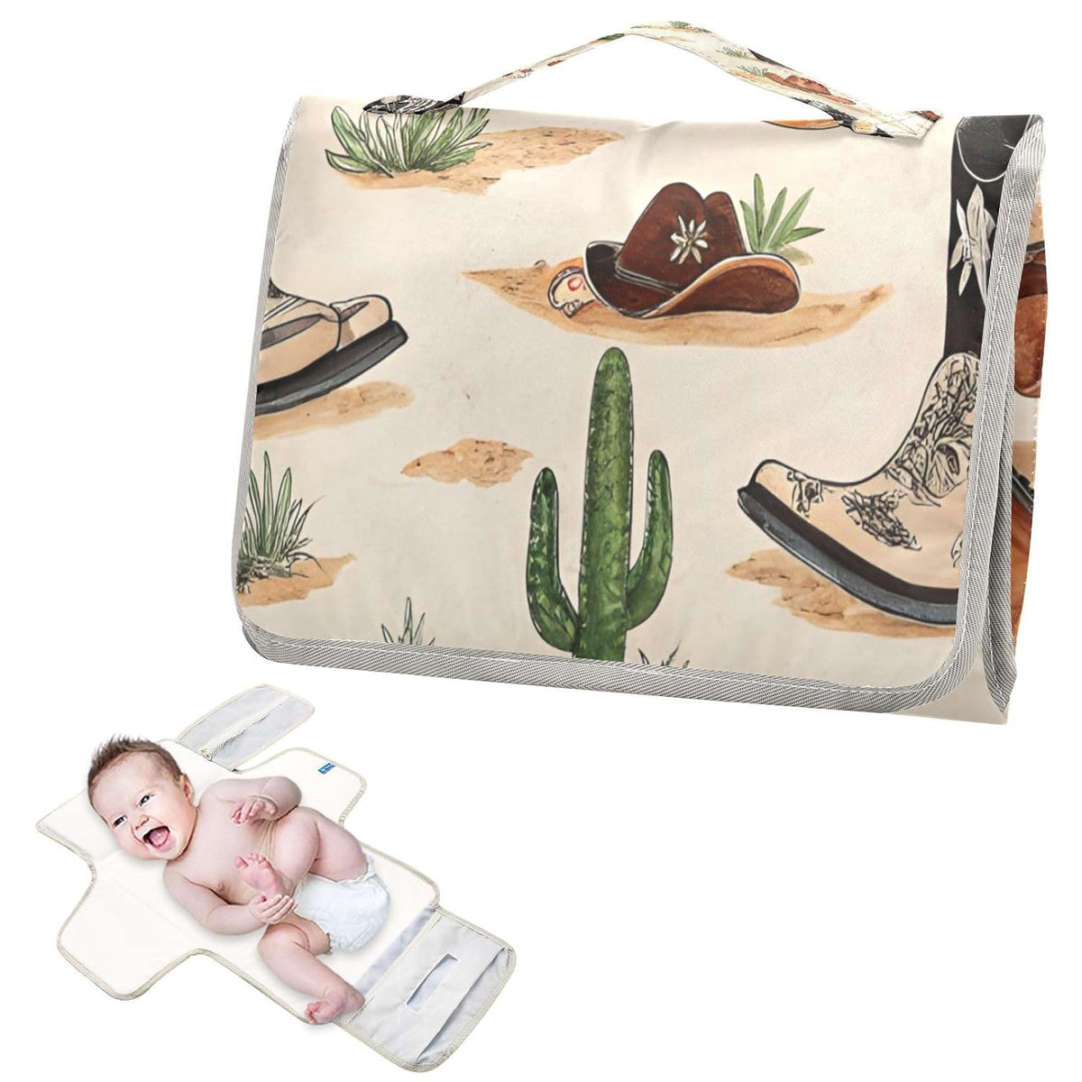 Wester Cowboy Boots Portable Diaper Changing Pad, Waterproof Baby Changing Mat with Storage Pocket & Built-in Pillow, Foldable Travel Pad, Newborn Gift Set for Boy Girl