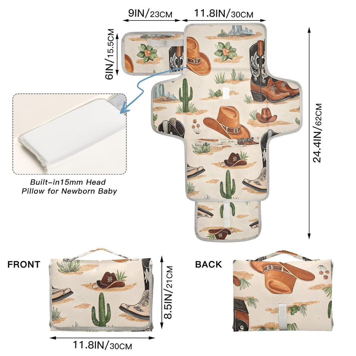Wester Cowboy Boots Portable Diaper Changing Pad, Waterproof Baby Changing Mat with Storage Pocket & Built-in Pillow, Foldable Travel Pad, Newborn Gift Set for Boy Girl