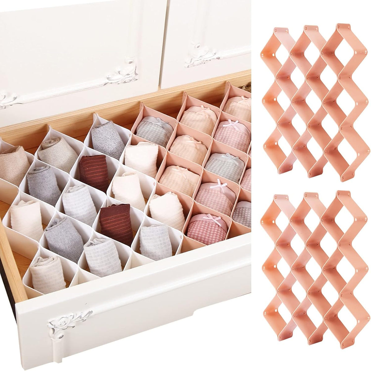 ROUFA Sock Drawer Organizer for Dresser, Honeycomb Underwear Dividers for Women, Panty Separator for Bras, Socks, Belt and Leggings (.Pink)