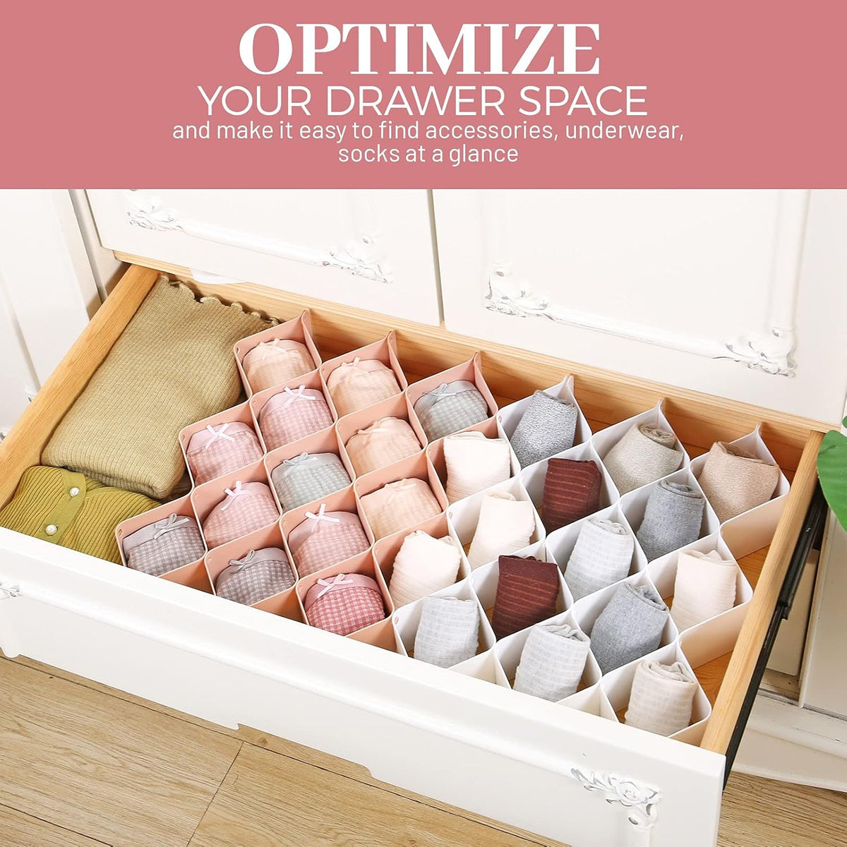 ROUFA Sock Drawer Organizer for Dresser, Honeycomb Underwear Dividers for Women, Panty Separator for Bras, Socks, Belt and Leggings (.Pink)