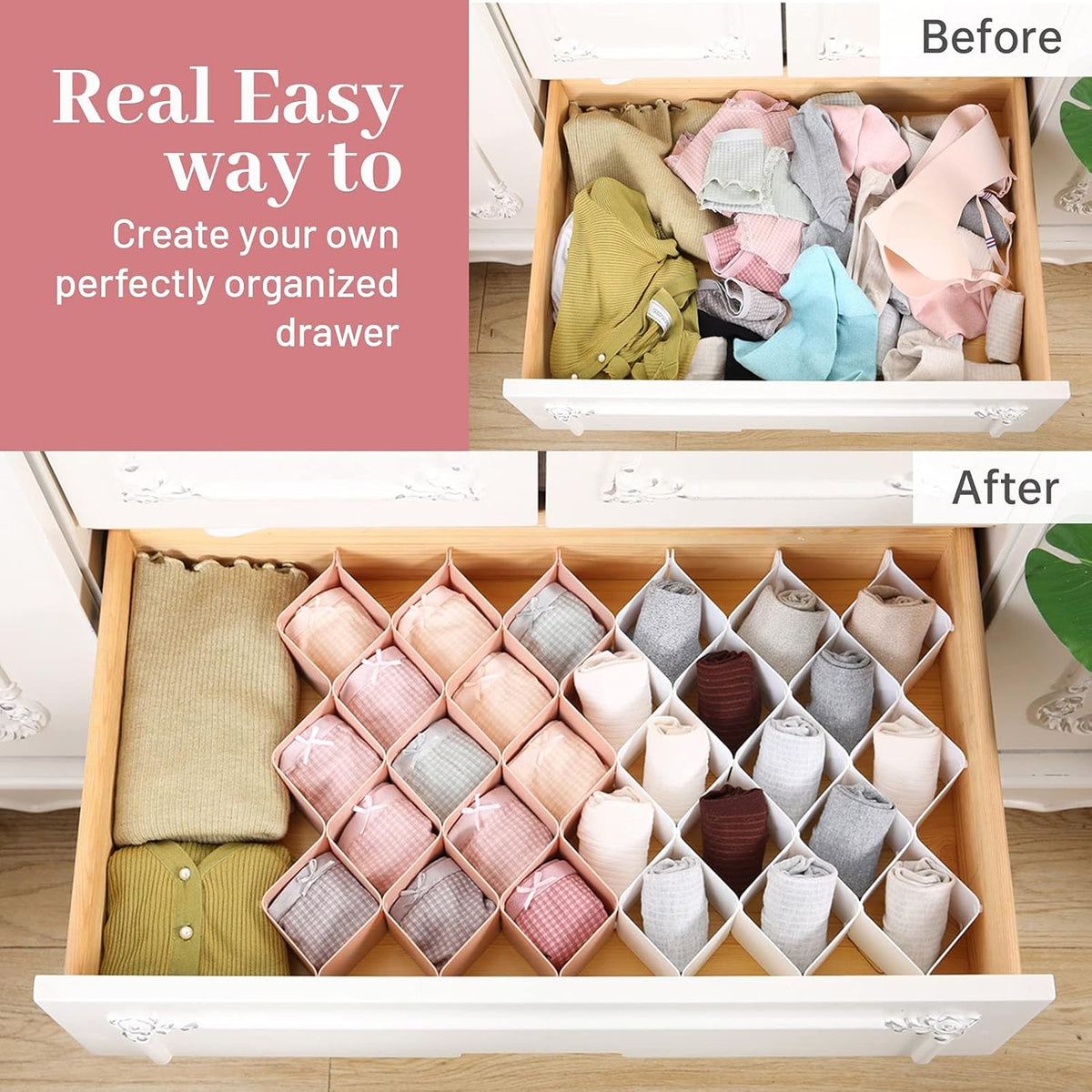 ROUFA Sock Drawer Organizer for Dresser, Honeycomb Underwear Dividers for Women, Panty Separator for Bras, Socks, Belt and Leggings (.Pink)