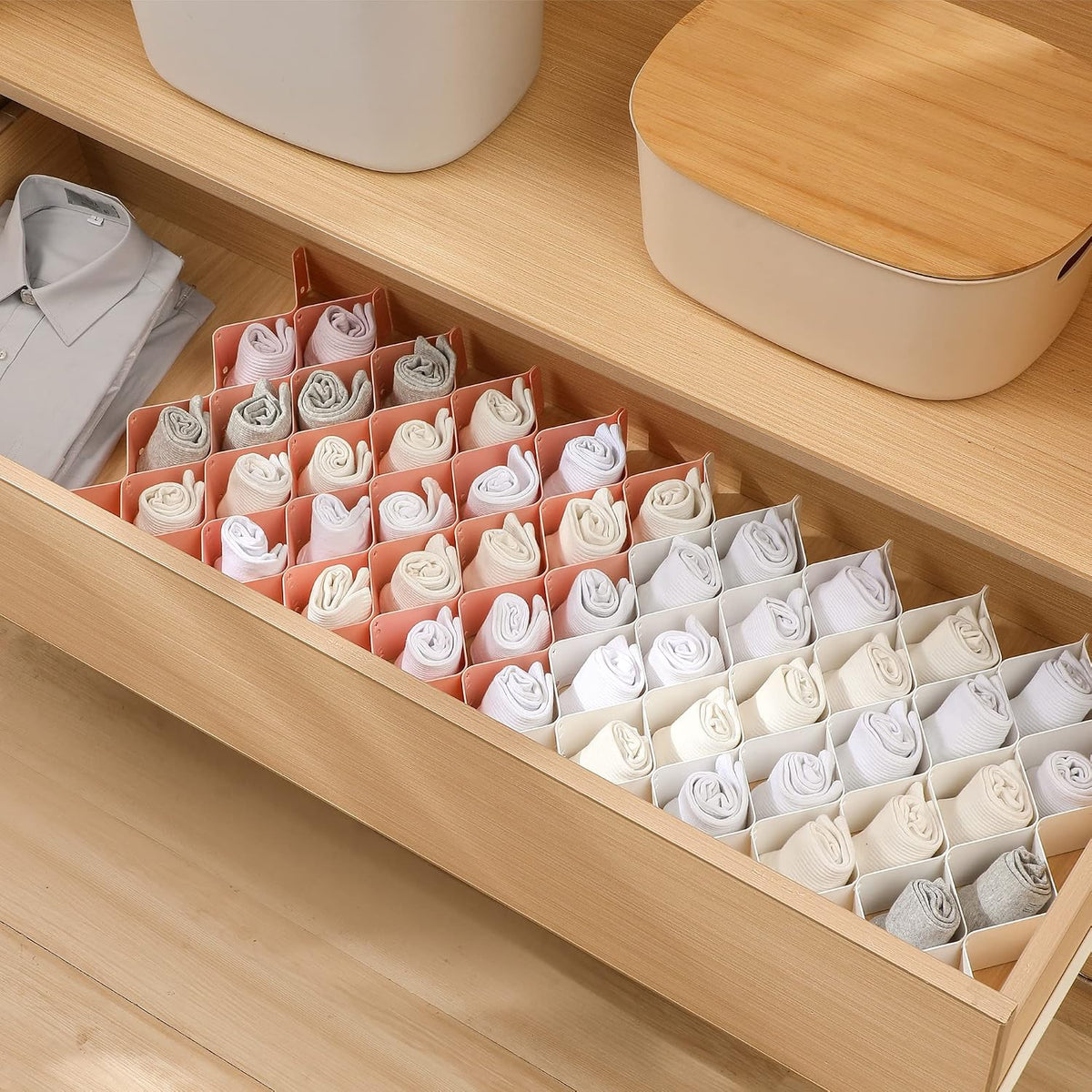 ROUFA Sock Drawer Organizer for Dresser, Honeycomb Underwear Dividers for Women, Panty Separator for Bras, Socks, Belt and Leggings (.Pink)