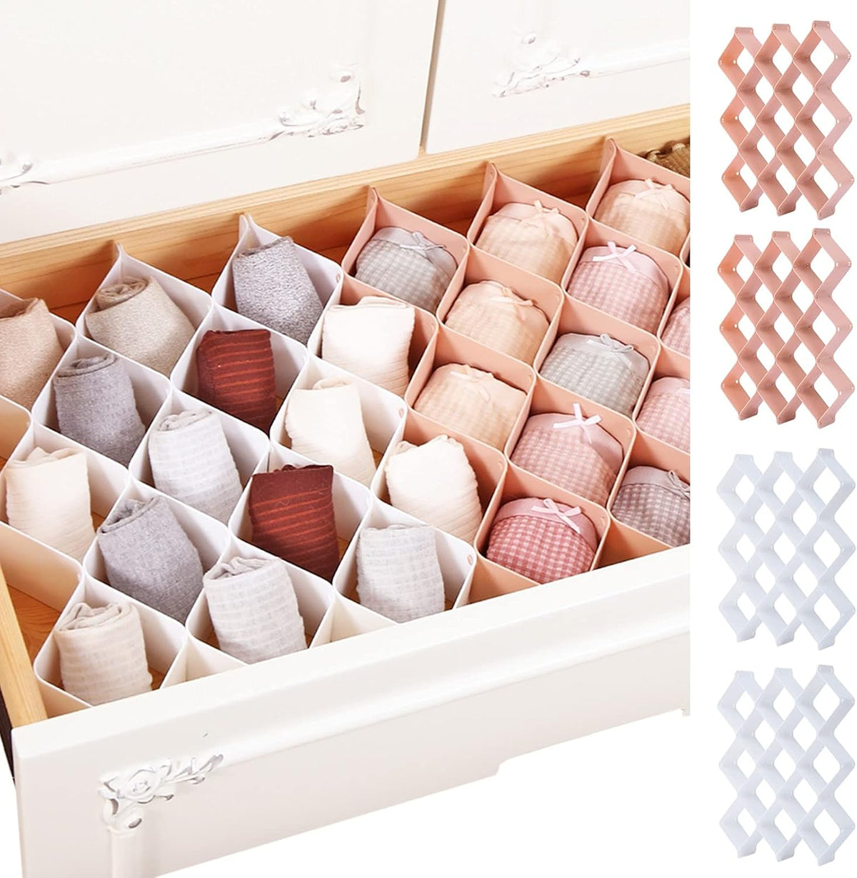ROUFA Sock Drawer Organizer for Dresser, Honeycomb Underwear Dividers for Women, Panty Separator for Bras, Socks, Belt and Leggings (.Pink)
