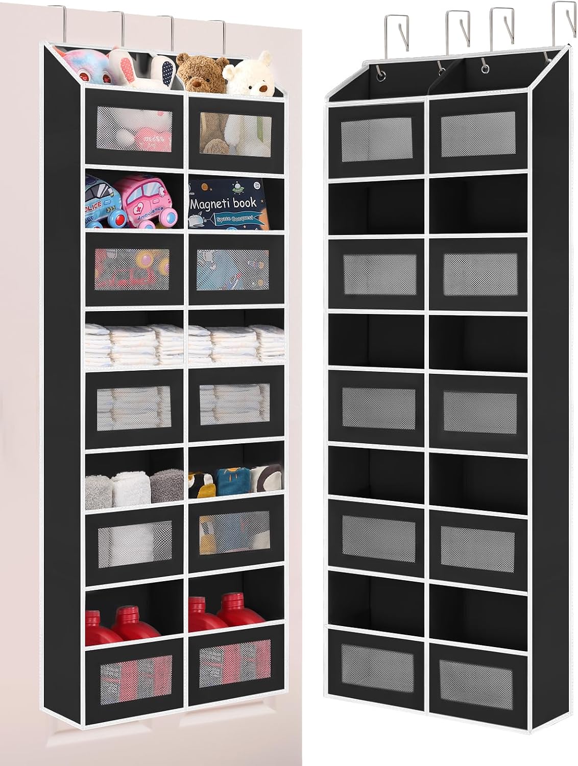Over the Door Organizer Hanging- 10 Compartments, 80 lbs Load Behind Door Stuffed Animal Storage, Extra Large Toys Storage Organization for Bedroom, Bathroom, Nursery, Shoes, Diaper (black)