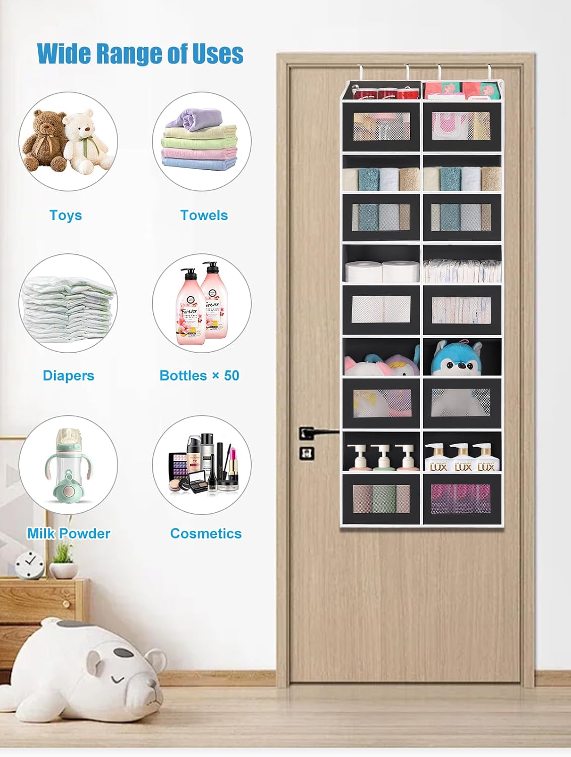 Over the Door Organizer Hanging- 10 Compartments, 80 lbs Load Behind Door Stuffed Animal Storage, Extra Large Toys Storage Organization for Bedroom, Bathroom, Nursery, Shoes, Diaper (black)