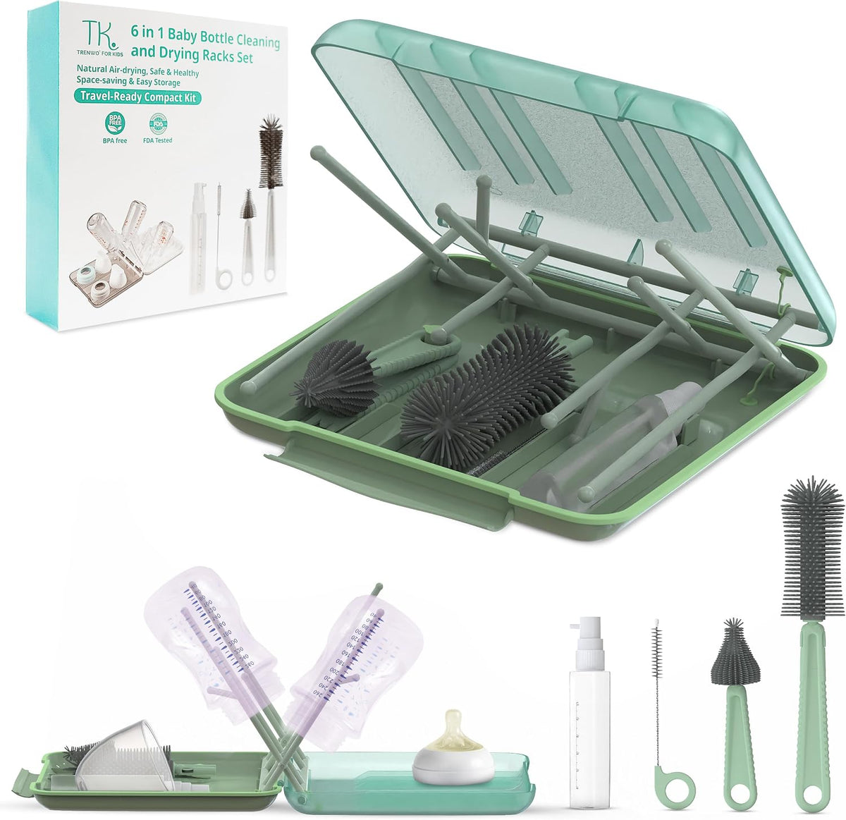 Baby Bottle Cleaning Brush Set with Drying Rack, White, 6-in-1 Versatility, Compact and Lightweight