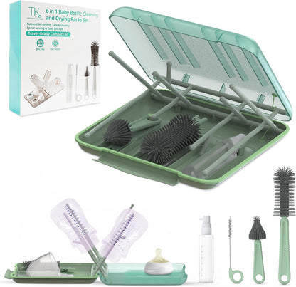 Baby Bottle Cleaning Brush Set with Drying Rack, White, 6-in-1 Versatility, Compact and Lightweight