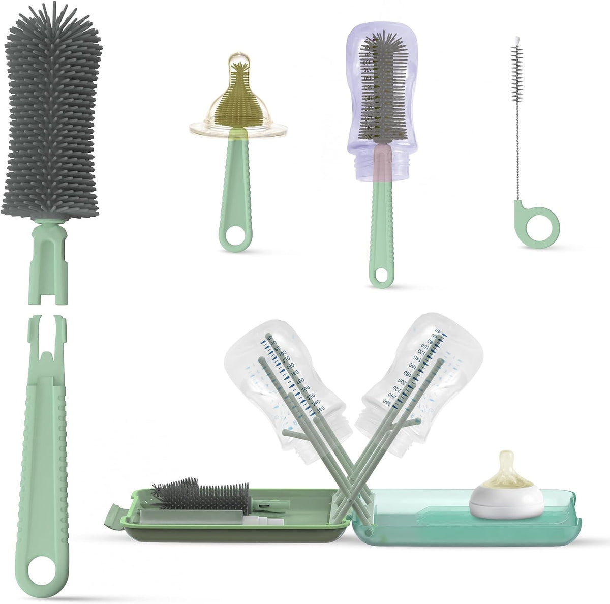 Baby Bottle Cleaning Brush Set with Drying Rack, White, 6-in-1 Versatility, Compact and Lightweight