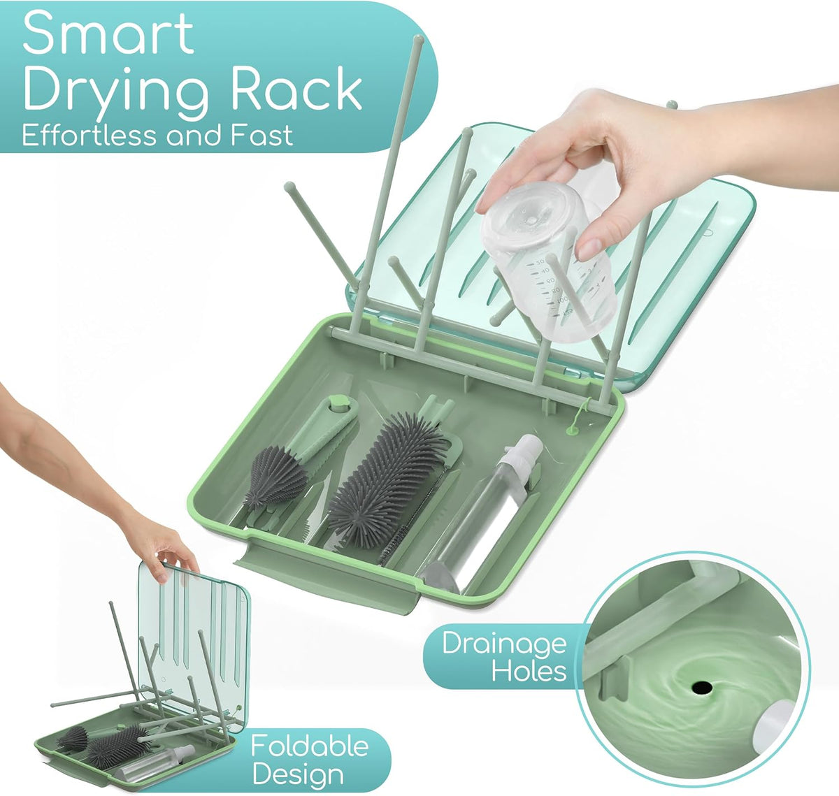 Baby Bottle Cleaning Brush Set with Drying Rack, White, 6-in-1 Versatility, Compact and Lightweight