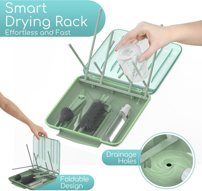 Baby Bottle Cleaning Brush Set with Drying Rack, White, 6-in-1 Versatility, Compact and Lightweight
