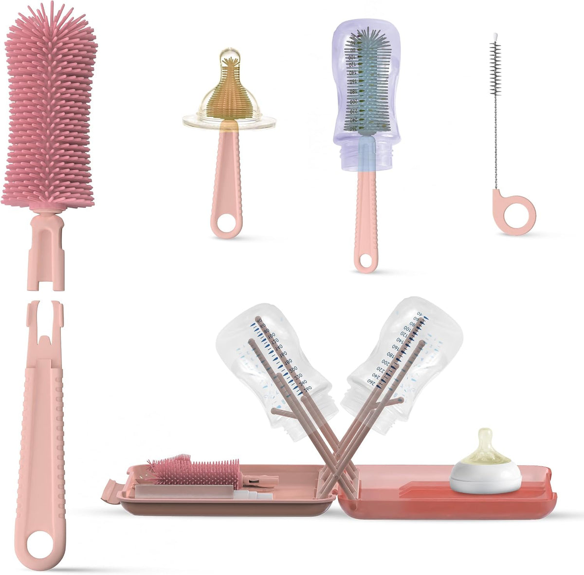 Baby Bottle Cleaning Brush Set with Drying Rack, White, 6-in-1 Versatility, Compact and Lightweight