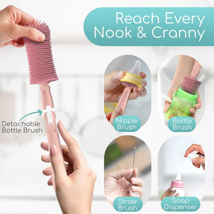 Baby Bottle Cleaning Brush Set with Drying Rack, White, 6-in-1 Versatility, Compact and Lightweight