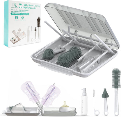 Baby Bottle Cleaning Brush Set with Drying Rack, White, 6-in-1 Versatility, Compact and Lightweight