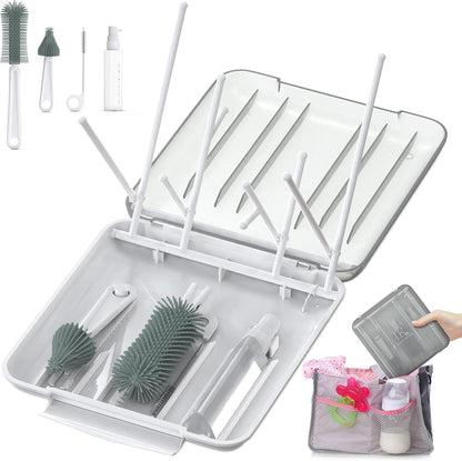 Baby Bottle Cleaning Brush Set with Drying Rack, White, 6-in-1 Versatility, Compact and Lightweight