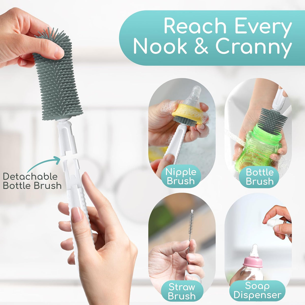 Baby Bottle Cleaning Brush Set with Drying Rack, White, 6-in-1 Versatility, Compact and Lightweight