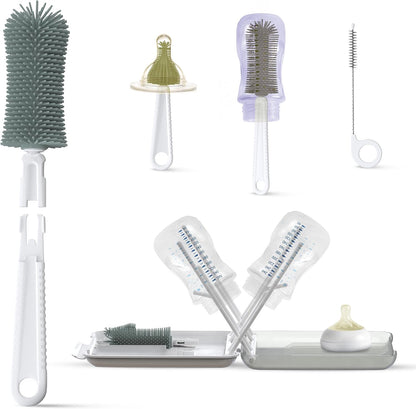Baby Bottle Cleaning Brush Set with Drying Rack, White, 6-in-1 Versatility, Compact and Lightweight