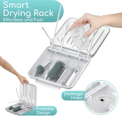 Baby Bottle Cleaning Brush Set with Drying Rack, White, 6-in-1 Versatility, Compact and Lightweight