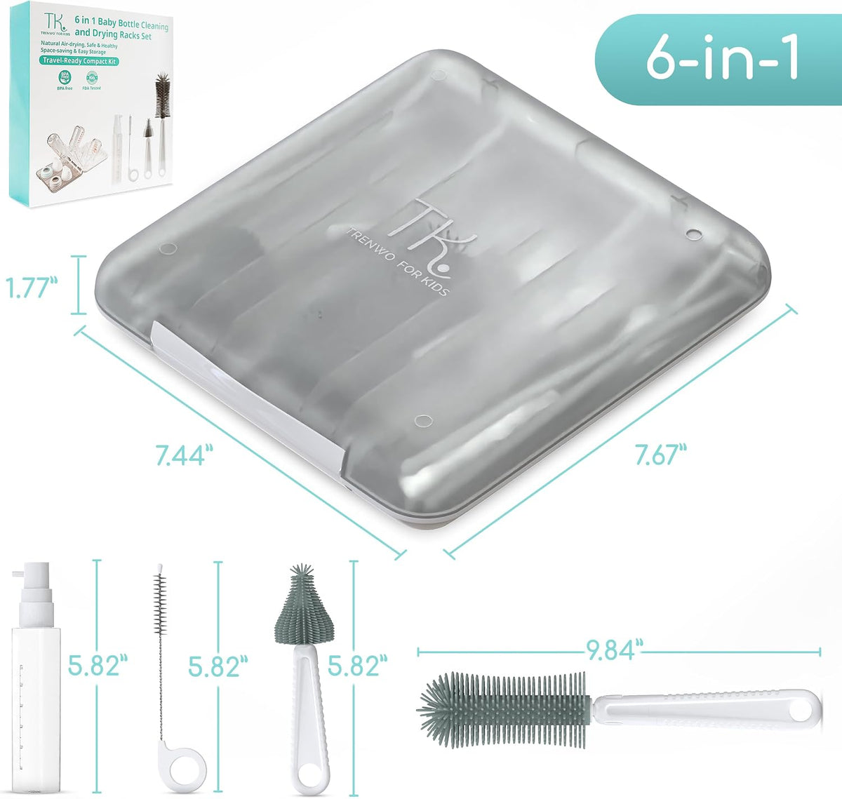 Baby Bottle Cleaning Brush Set with Drying Rack, White, 6-in-1 Versatility, Compact and Lightweight