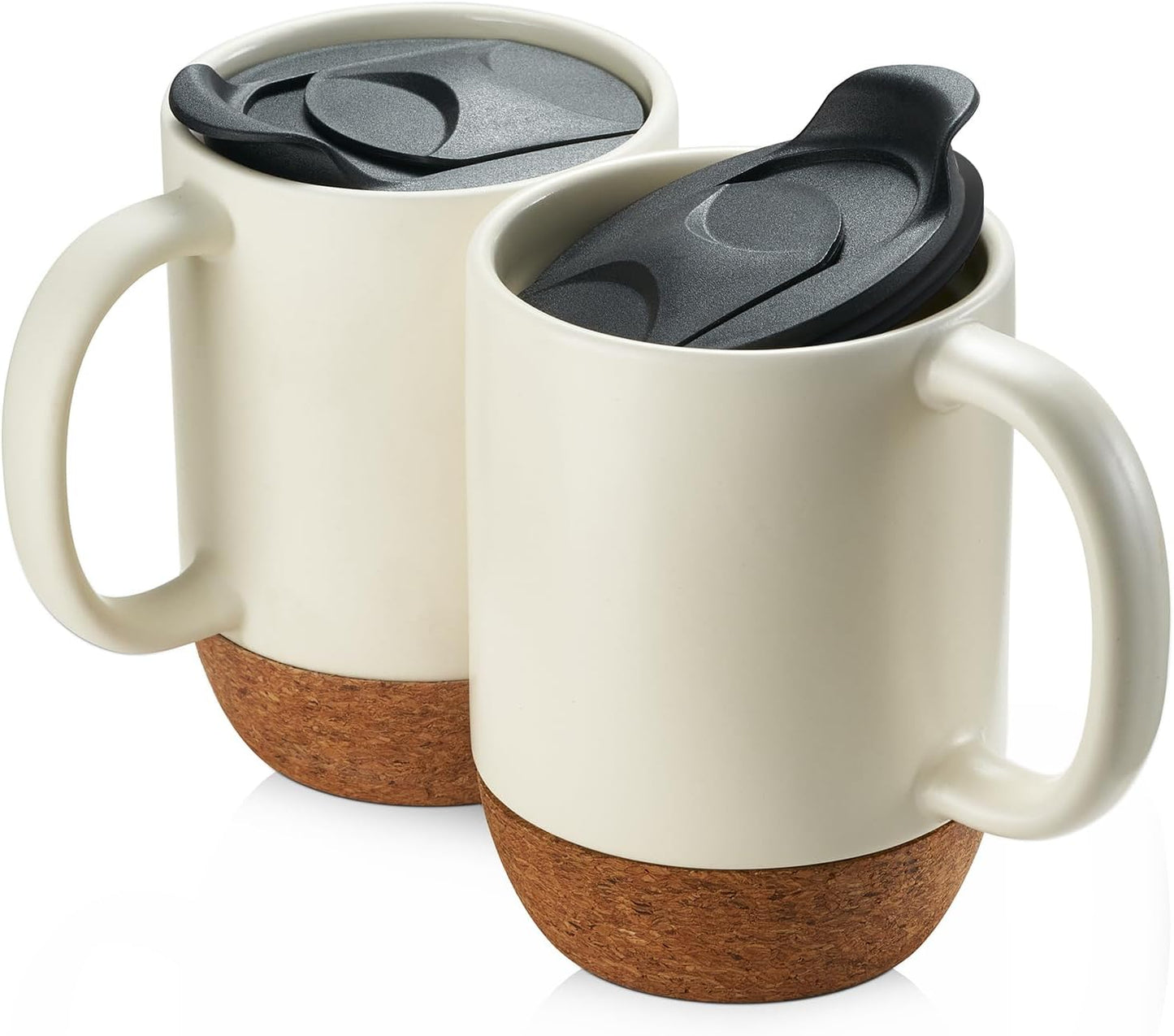 Coffee Mugs, 15 oz Mug Set of 2, Large Ceramic Coffee Mug with Cork Bottom and Spill Proof Lid for Mom Dad, Big Mug for Latte Tea, Matte Grey