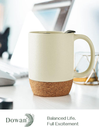 Coffee Mugs, 15 oz Mug Set of 2, Large Ceramic Coffee Mug with Cork Bottom and Spill Proof Lid for Mom Dad, Big Mug for Latte Tea, Matte Grey