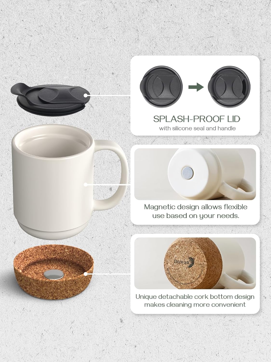 Coffee Mugs, 15 oz Mug Set of 2, Large Ceramic Coffee Mug with Cork Bottom and Spill Proof Lid for Mom Dad, Big Mug for Latte Tea, Matte Grey