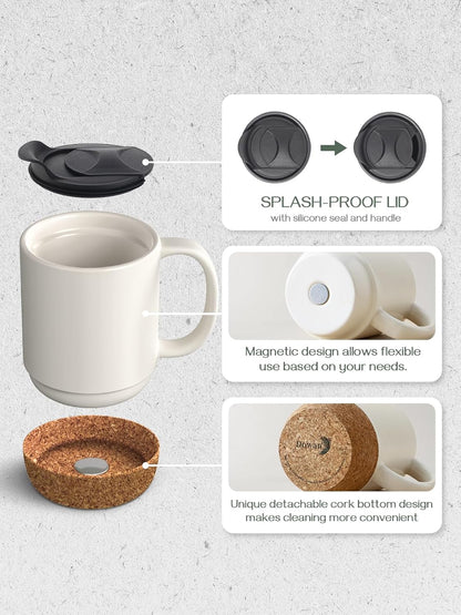 Coffee Mugs, 15 oz Mug Set of 2, Large Ceramic Coffee Mug with Cork Bottom and Spill Proof Lid for Mom Dad, Big Mug for Latte Tea, Matte Grey
