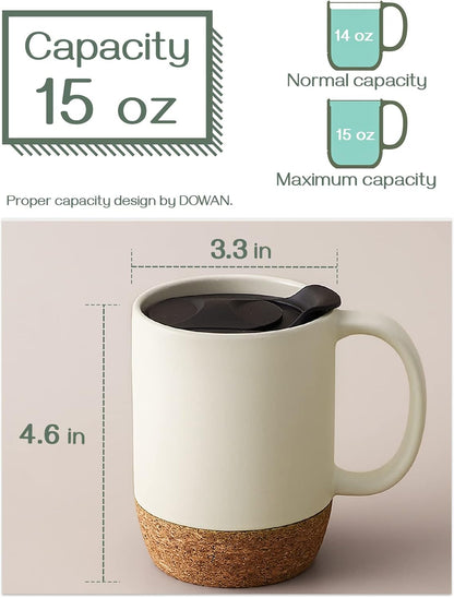 Coffee Mugs, 15 oz Mug Set of 2, Large Ceramic Coffee Mug with Cork Bottom and Spill Proof Lid for Mom Dad, Big Mug for Latte Tea, Matte Grey