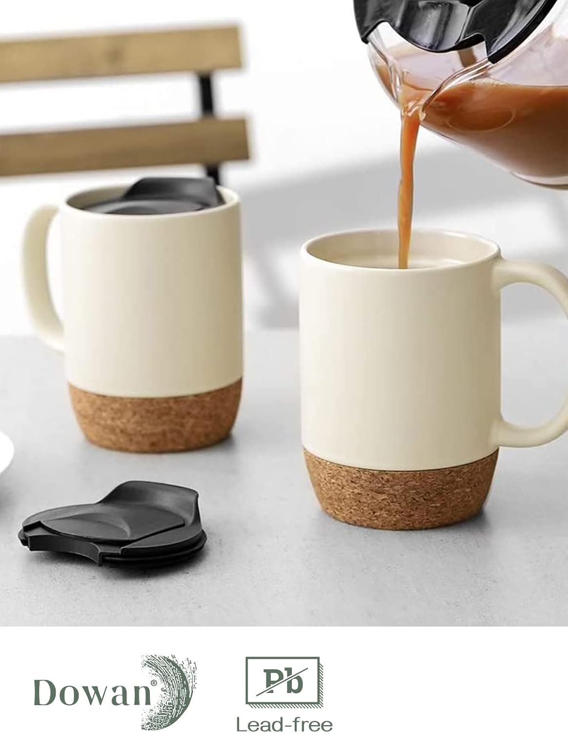 Coffee Mugs, 15 oz Mug Set of 2, Large Ceramic Coffee Mug with Cork Bottom and Spill Proof Lid for Mom Dad, Big Mug for Latte Tea, Matte Grey