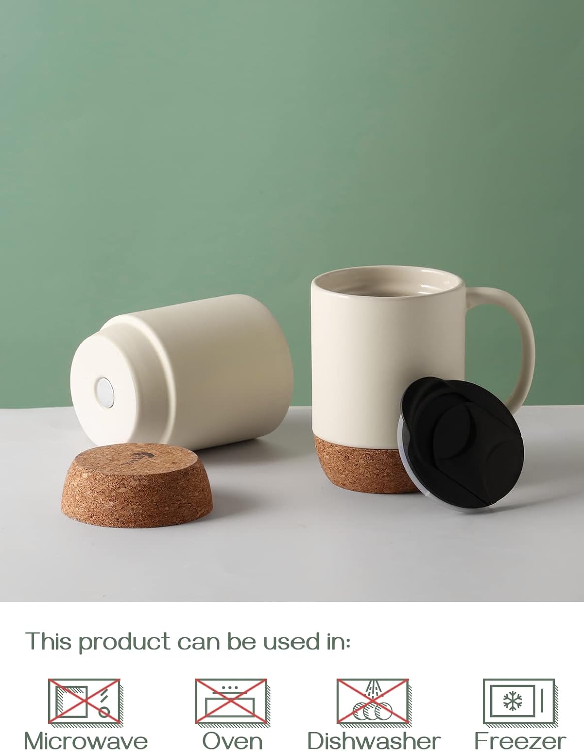 Coffee Mugs, 15 oz Mug Set of 2, Large Ceramic Coffee Mug with Cork Bottom and Spill Proof Lid for Mom Dad, Big Mug for Latte Tea, Matte Grey