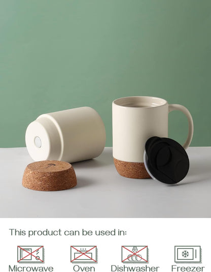 Coffee Mugs, 15 oz Mug Set of 2, Large Ceramic Coffee Mug with Cork Bottom and Spill Proof Lid for Mom Dad, Big Mug for Latte Tea, Matte Grey