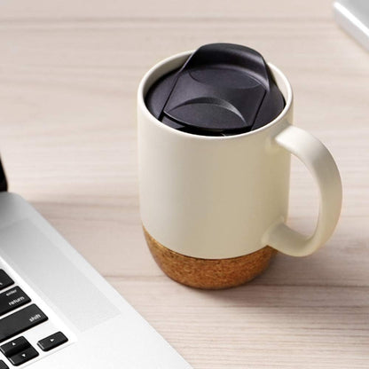 Coffee Mugs, 15 oz Mug Set of 2, Large Ceramic Coffee Mug with Cork Bottom and Spill Proof Lid for Mom Dad, Big Mug for Latte Tea, Matte Grey