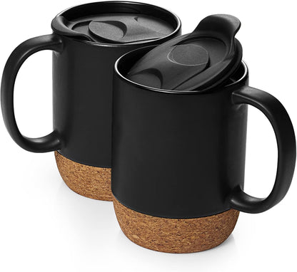 Coffee Mugs, 15 oz Mug Set of 2, Large Ceramic Coffee Mug with Cork Bottom and Spill Proof Lid for Mom Dad, Big Mug for Latte Tea, Matte Grey