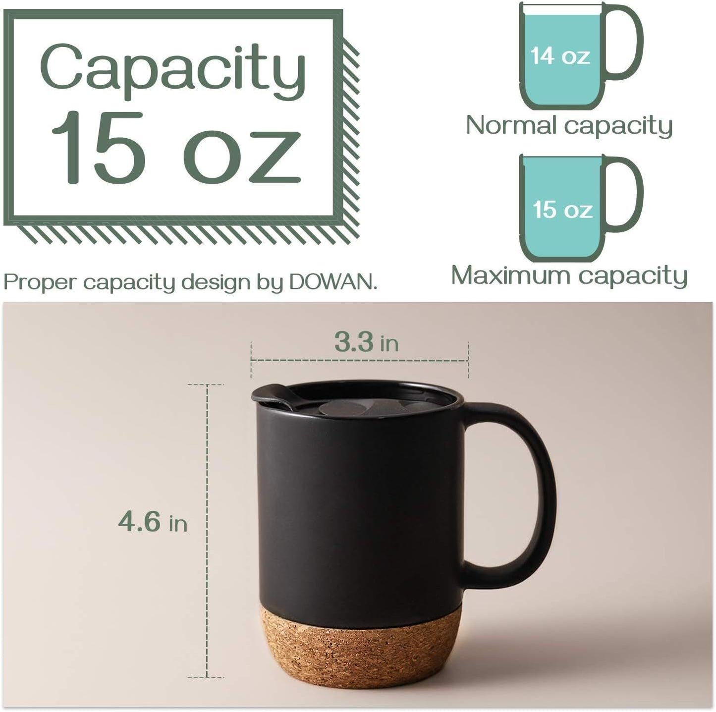 Coffee Mugs, 15 oz Mug Set of 2, Large Ceramic Coffee Mug with Cork Bottom and Spill Proof Lid for Mom Dad, Big Mug for Latte Tea, Matte Grey
