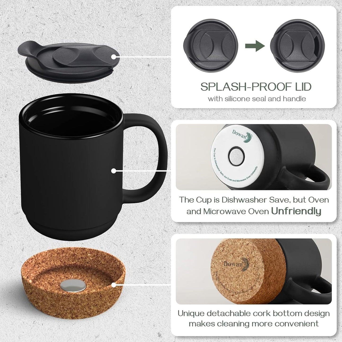 Coffee Mugs, 15 oz Mug Set of 2, Large Ceramic Coffee Mug with Cork Bottom and Spill Proof Lid for Mom Dad, Big Mug for Latte Tea, Matte Grey