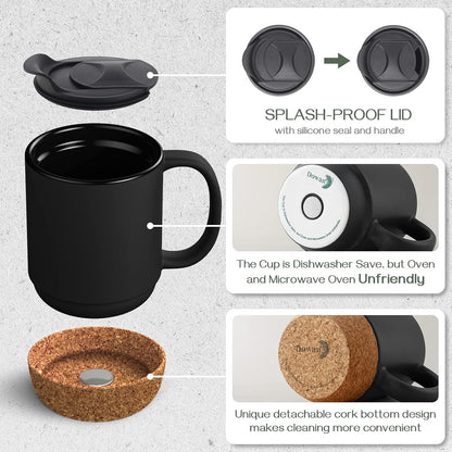 Coffee Mugs, 15 oz Mug Set of 2, Large Ceramic Coffee Mug with Cork Bottom and Spill Proof Lid for Mom Dad, Big Mug for Latte Tea, Matte Grey
