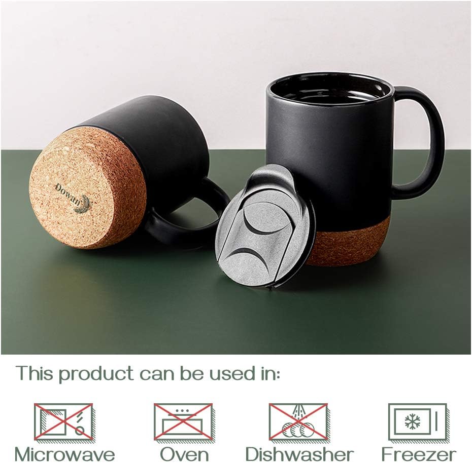 Coffee Mugs, 15 oz Mug Set of 2, Large Ceramic Coffee Mug with Cork Bottom and Spill Proof Lid for Mom Dad, Big Mug for Latte Tea, Matte Grey